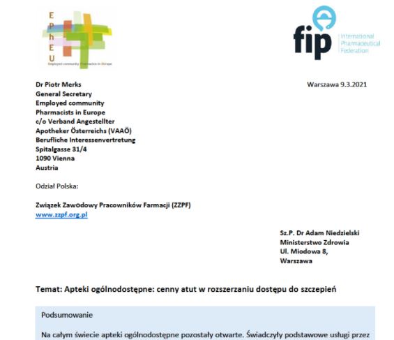 Apelujemy z FIP do Ministra Zdrowia