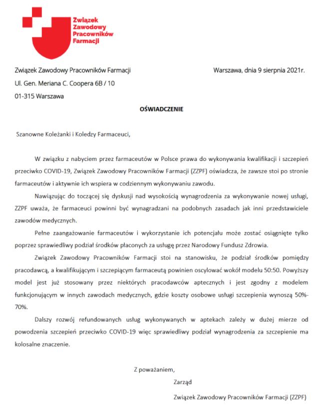 Stanowisko ZZPF w sprawie wynagrodzeń dla farmaceutów wykonujących szczepienia przeciwko COVID 19